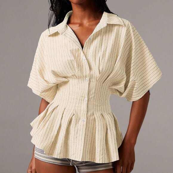 Yellow Women's Casual Minimalist Striped button down pleated Waist Shirt - Picture 4 of 5